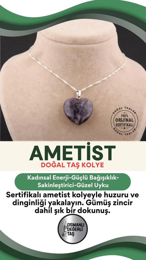 Sertifikalı Doğal Taş Kolye - Ametist Taşı Gümüş Zincir Dahil