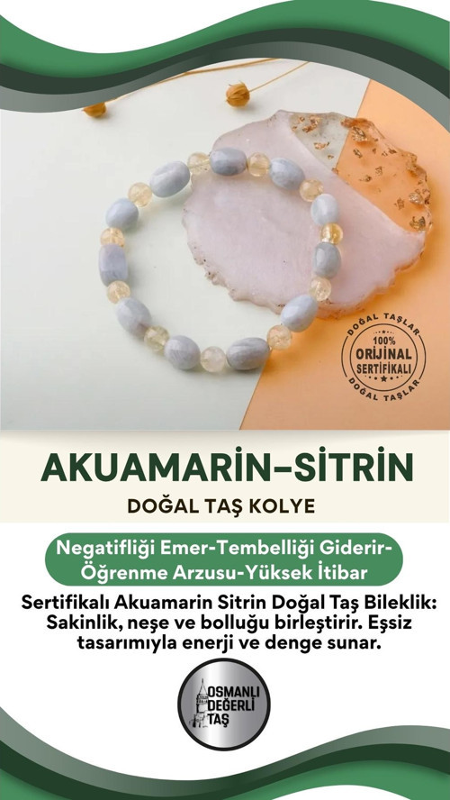 Sertifikalı Özel Tasarım Akuamarin Sitrin Doğal Taş Bileklik