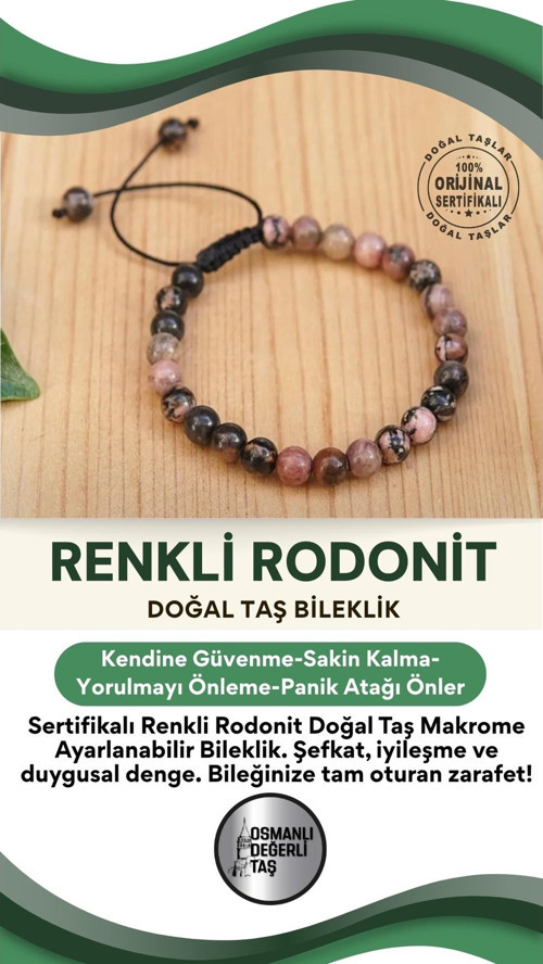 Sertifikalı Renkli Rodonit Doğal Taş Bileklik 20Cm - 21Cm - 6Mm