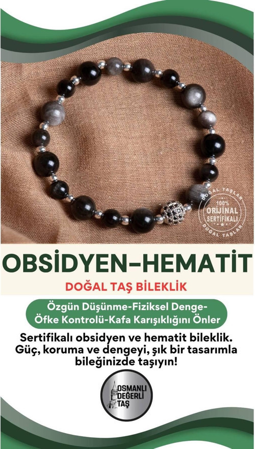 Sertifikalı Obsidyen-Hematit Doğal Taş Bileklik 6-8 Mm