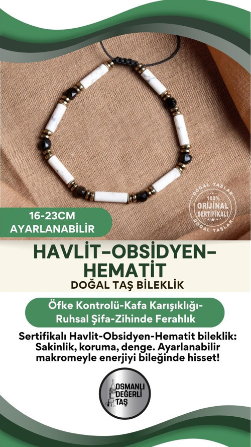 Sertifikalı Havlit Obsidyen Hematit Doğal Taş Makrome Ayarlanabilir Bileklik