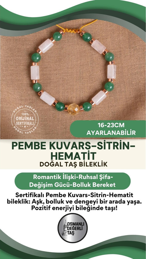 Sertifikalı Pembe Kuvars- Sitrin- Hematit Doğal Taş Makrome Bileklik