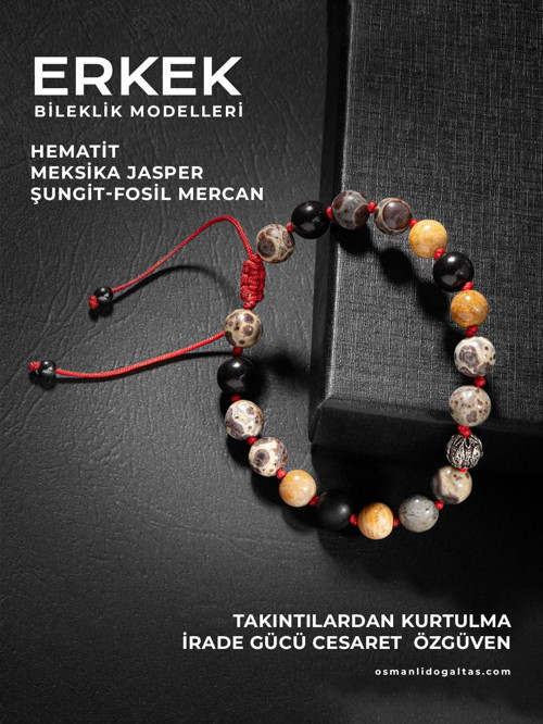 Sertifikalı Jasper Fosil Mercan Lav Doğal Taşlı Örgü 925 Ayar Gümüş Tasarım Bileklik