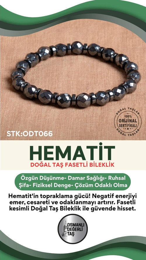 Sertifikalı Hematit Doğal Taş Fasetli Bileklik Odt066