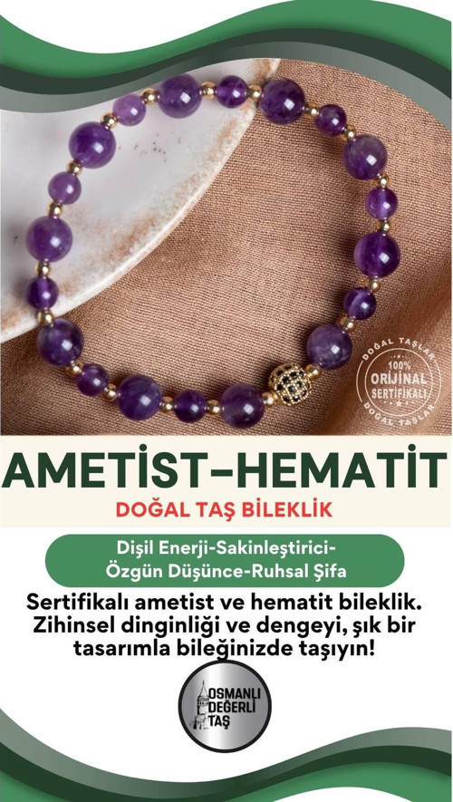 Sertifikalı Ametist-Hematit Doğal Taş Bileklik 6-8 Mm