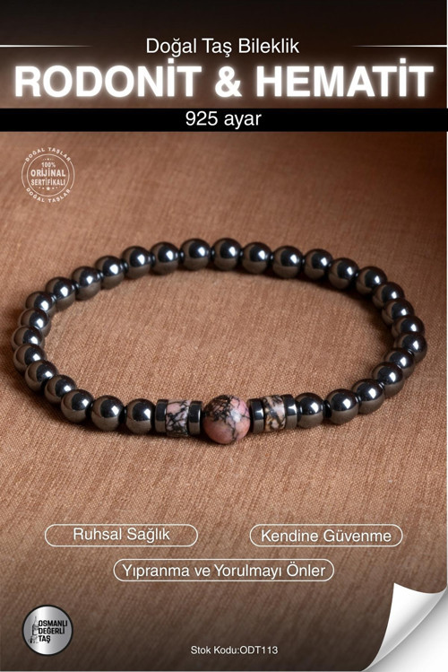 Sertifikalı Rodonit & Hematit Doğal Taş Bileklik Odt113