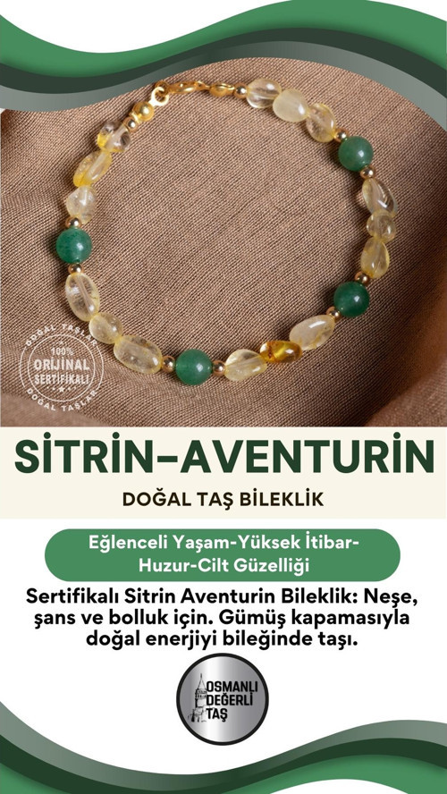 Sertifikalı Sitrin Aventurin Doğal Taş Gümüş Kapama Bileklik