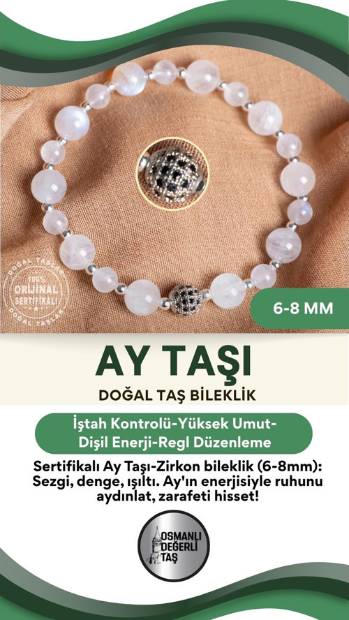 Sertifikalı Ay Taşı Doğal Taş Zirkon Aparat Bileklik 6-8 Mm