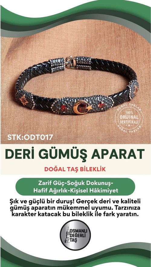Sertifikalı Deri Gümüş Aparatlı Doğal Taş Bileklik Odt017