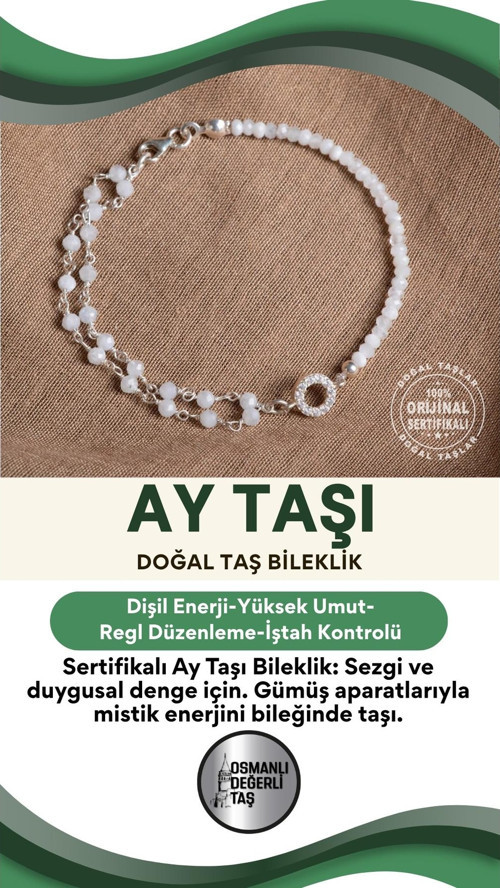 Sertifikalı Ay Taşı Doğal Taş Gümüş Aparatlı Bileklik