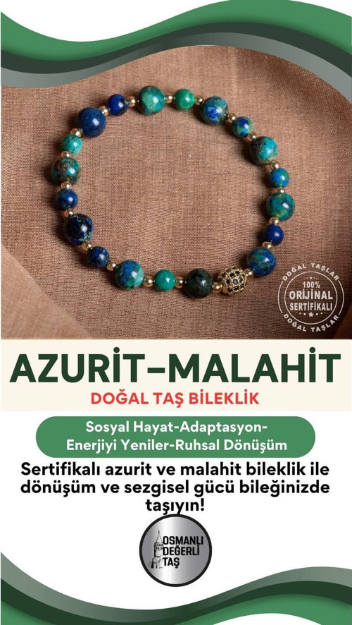 Sertifikalı Azurit-Malahite Doğal Taş Bileklik 6-8 Mm