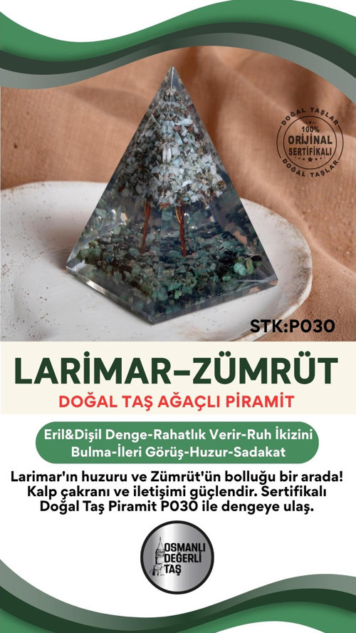 Sertifikalı Larimar-Zümrüt Doğal Taş Piramit P030