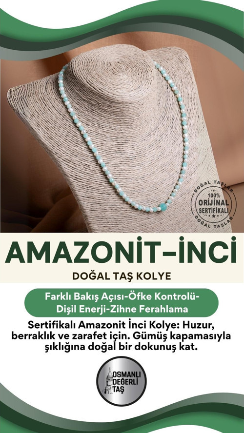 Sertifikalı Amazonit İnci Doğal Taş Gümüş Kapama Kolye