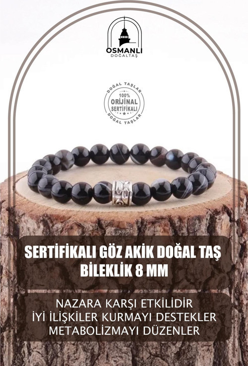 Sertifikalı Göz Akik Doğal Taş Bileklik 8 Mm - B125