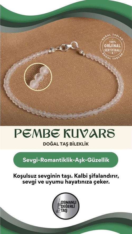 Sertifikalı Pembe Kuvars Doğal Taş Bileklik