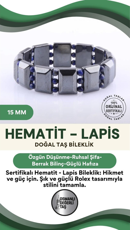 Sertifikalı Hematit - Lapis Doğal Taş Roleks Bileklik 15 Mm B750