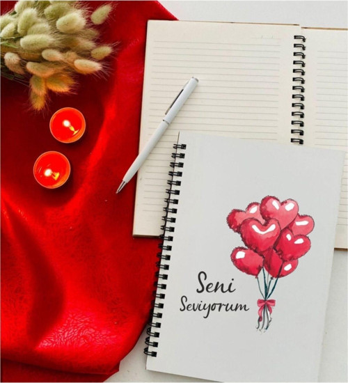 Büro Ev Ofis Hediyesi için Balon Kalpler Defter Kalem Seti