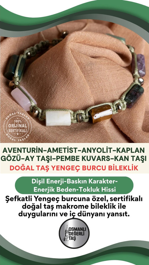 Sertifikalı Yengeç Burcu Doğal Taş Makrome Ayarlanabilir Bileklik