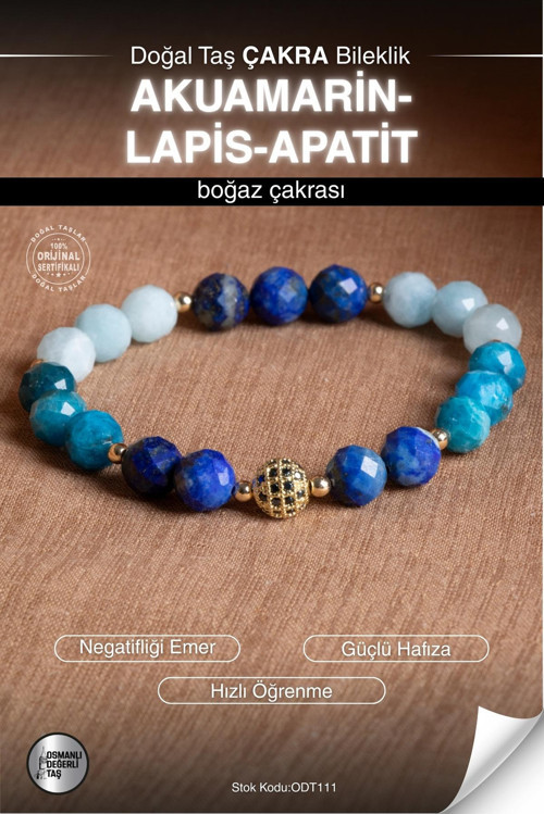 Sertifikalı Akuamarin-Lapis-Apatit Doğal Taş Zirkon Aparatlı Bileklik Odt111
