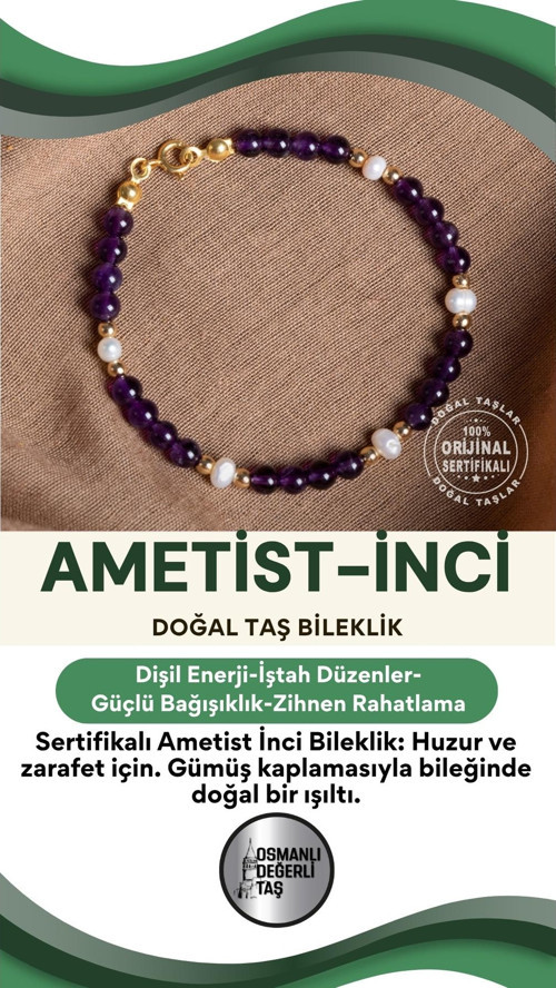 Sertifikalı Ametist İnci Doğal Taş Gümüş Kaplama Bileklik