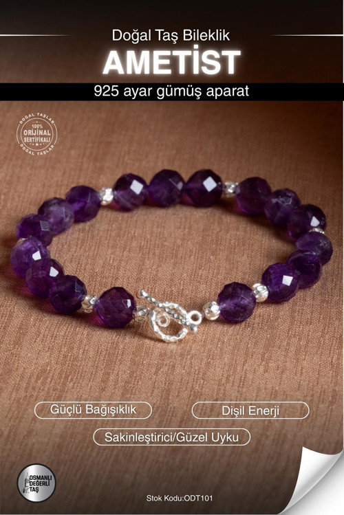 Sertifikalı Ametist Doğal Taş 925 Ayar Gümüş Aparatlı Bileklik Odt101