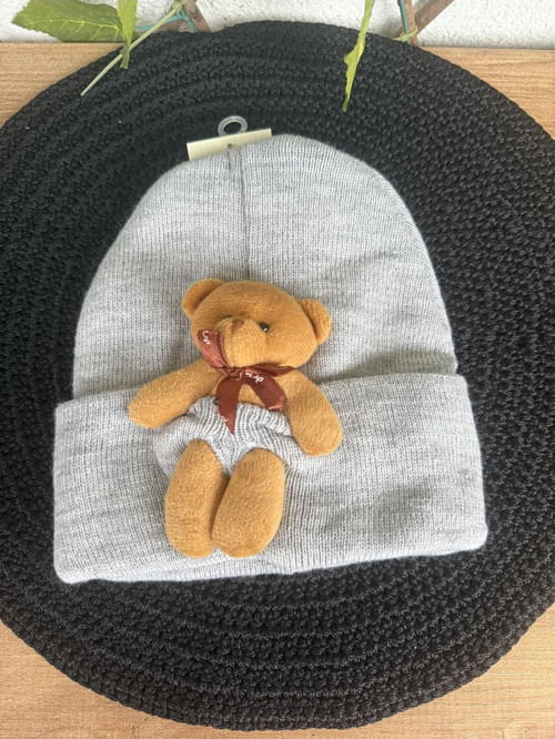 Bear Pelüş Kahve Ayıcıklı Bere Renkli Tedy Figürlü Unisex Gri Örgü