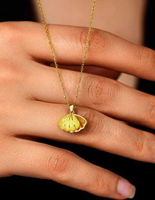 İnci Taneli Gold İstiridye Gümüş Kolye