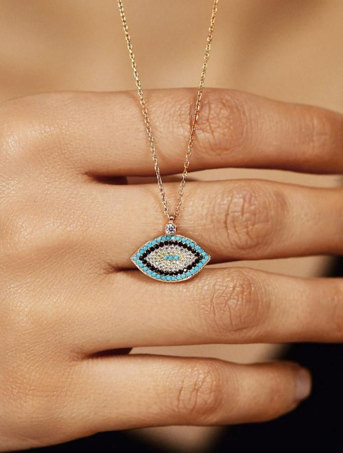 Mix Taşlı Rose Nazarlı Göz Model Gümüş Kolye