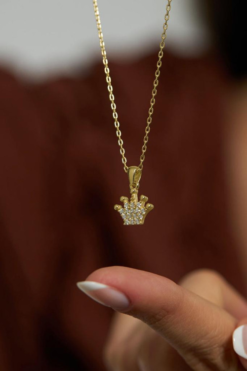 Zirkon Taşlı Gold Taç Model Minimal Gümüş Kolye