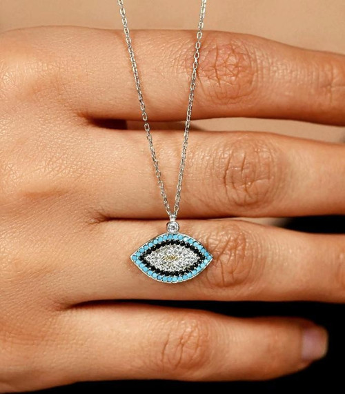 Mix Taşlı Rodyum Nazarlı Göz Model Gümüş Kolye