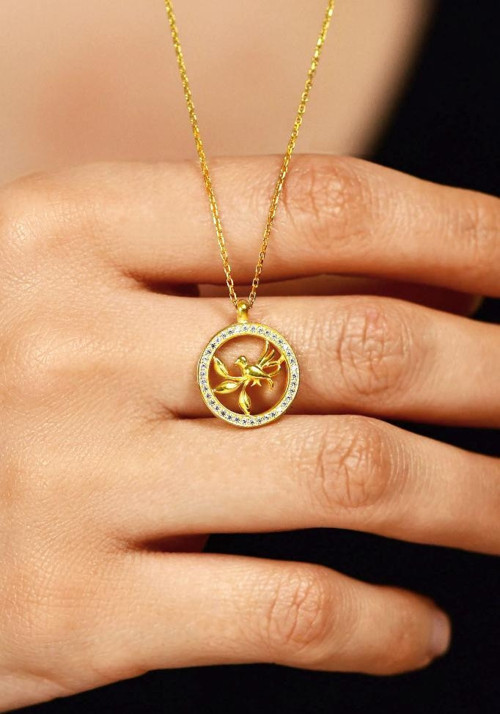 Zirkon Taşlı Gold Yuvarlak Kuş Yuvası Gümüş Kolye