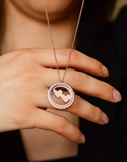 Zirkon Taşlı Rose Çift Kalp İsimli Gümüş Kolye