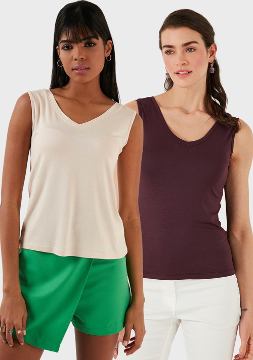 Slim Fit V Yaka Kalın Askılı 2' li Paket Bayan Bluz 5864384S2 TAŞ-VİŞNE