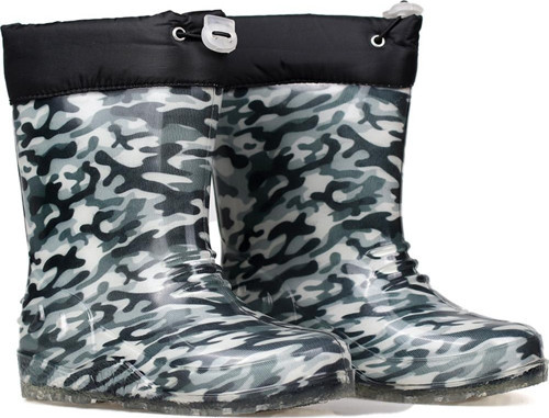 Gri Kamuflaj Desenli Çocuk Yağmur Çizmesi, Su Geçirmez, Kaymaz Tabanlı, Kışlık Çocuk Çizme
