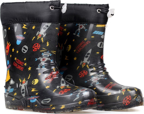 Siyah Uzay Desenli Çocuk Yağmur Çizmesi, Su Geçirmez, Kaymaz Tabanlı, Kışlık Çocuk Çizme