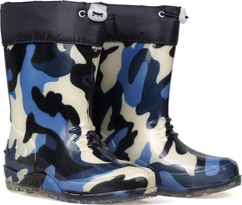Lacivert Kamuflaj Desenli Çocuk Yağmur Çizmesi, Su Geçirmez, Kaymaz Tabanlı, Kışlık Çocuk Çizme