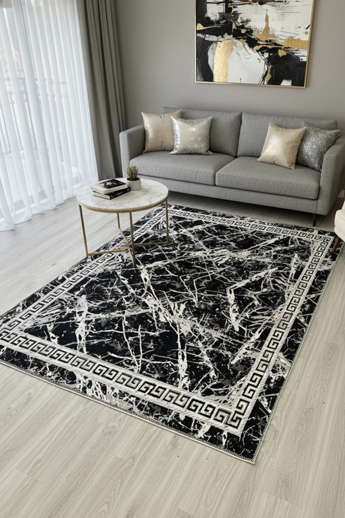 Kilim Savan Çift Taraflı Modern Desenli Yıkanabilir Pamuklu Dokuma 1. Kalite 2x3 Metre Siyah