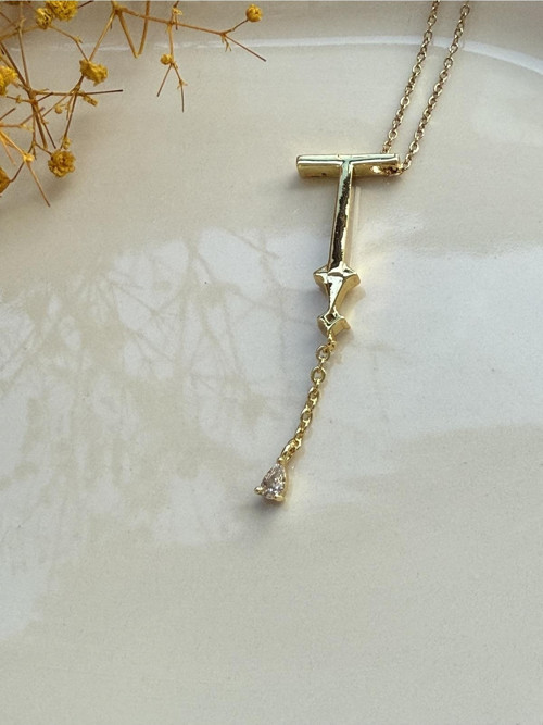 Uzak Şehir Popüler Sallantılı Zirkon Taş Detaylı T Harf Çelik Kolye 2 Cm