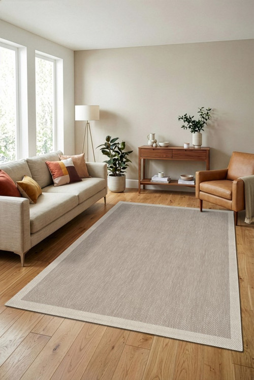 Çerçeveli Bohem Dokunuşlu Doğal Tonlarda Modern Sisal Krem Bej Renk Halı