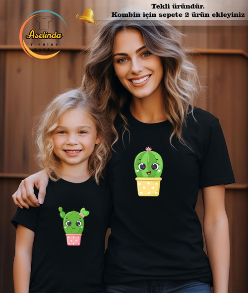 Kaktüs Baskılı T-Shirt Anne-Kız Kombin Tişört (Kombin Yapmak İçin 2 Ürün Ekleyiniz)