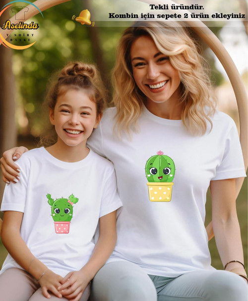 Kaktüs Baskılı T-Shirt Anne-Kız Kombin Tişört (Kombin Yapmak İçin 2 Ürün Ekleyiniz)