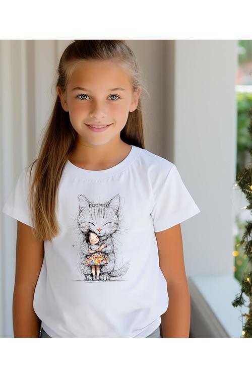 Kedi Ve Kız Baskılı Beyaz Bisiklet Yaka Unisex Tişört