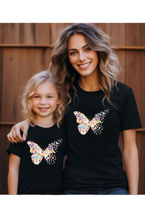 Kelebek Baskılı Anne Kız T-Shirt (Tekli Üründür Kombin Yapmak Için 2 Adet Sepete Ekleyiniz)