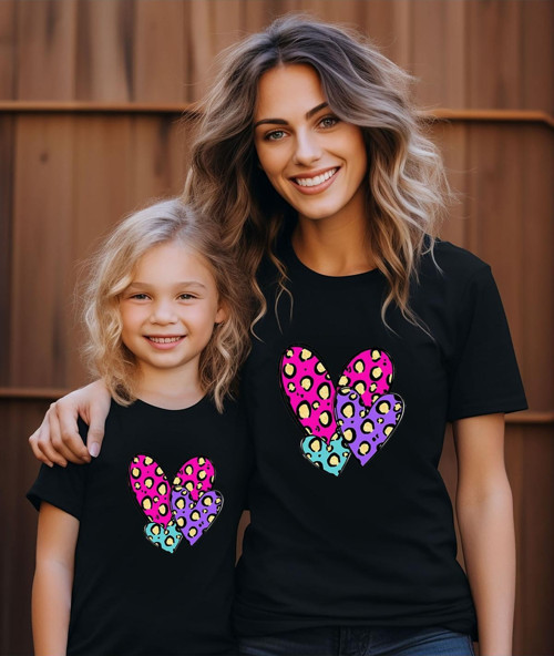 Kalp Baskılı Anne Kız T-Shirt -Kombin (Tekli Üründür Kombin Yapmak Için 2 Adet Sepete Ekleyiniz)