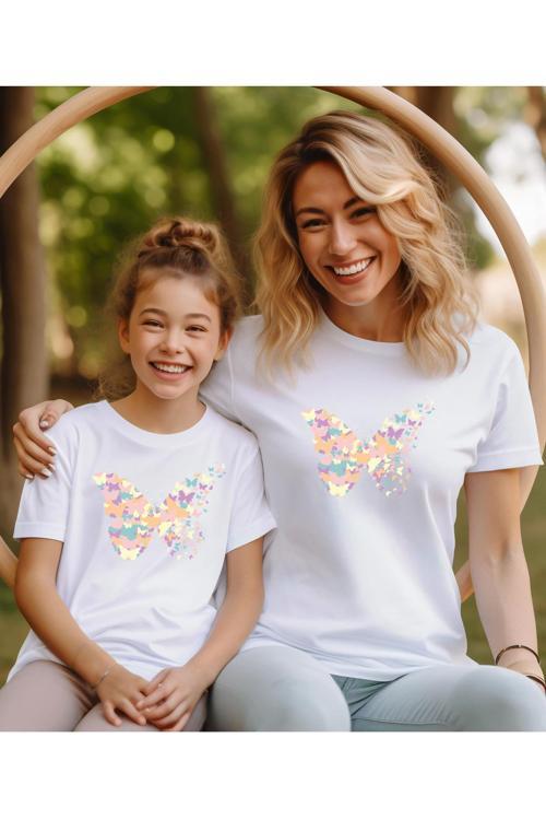 Kelebek Baskılı Anne Kız T-Shirt (Tekli Üründür Kombin Yapmak Için 2 Adet Sepete Ekleyiniz)