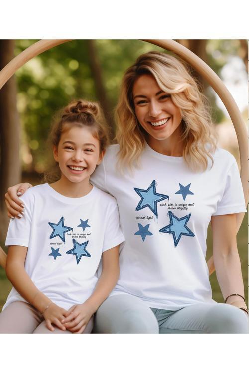 Mavi Star Yıldız Baskılı Anne-Kız Kombin Tişört (Kombin Yapmak İçin 2 Ürün Ekleyiniz)
