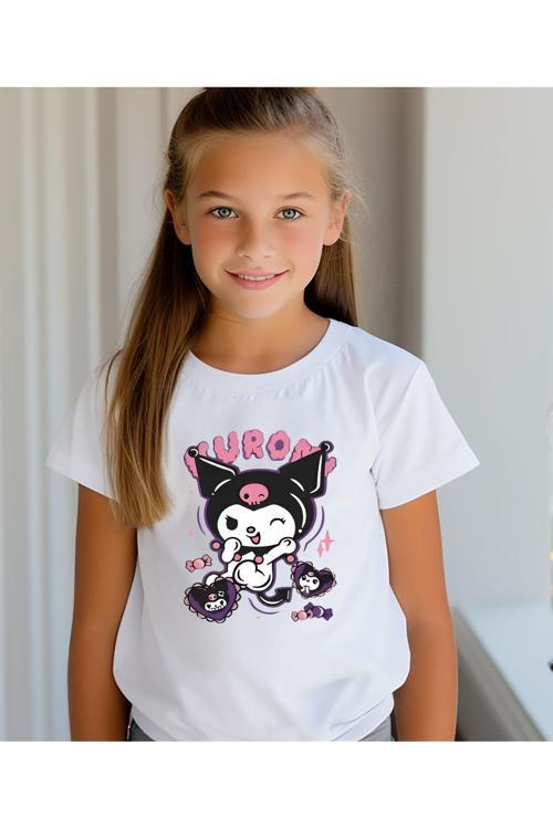 Kuromi Baskılı Bisiklet Yaka Beyaz Tişört/T-Shirt- (Tek Adet Fiyatıdır)-Kız Çocuk Tişörtü