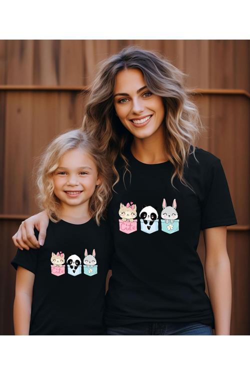 Sevimli Hayvanlar Baskılı Anne-Kız Kombin Tişört (Kombin Yapmak İçin 2 Ürün Ekleyiniz)