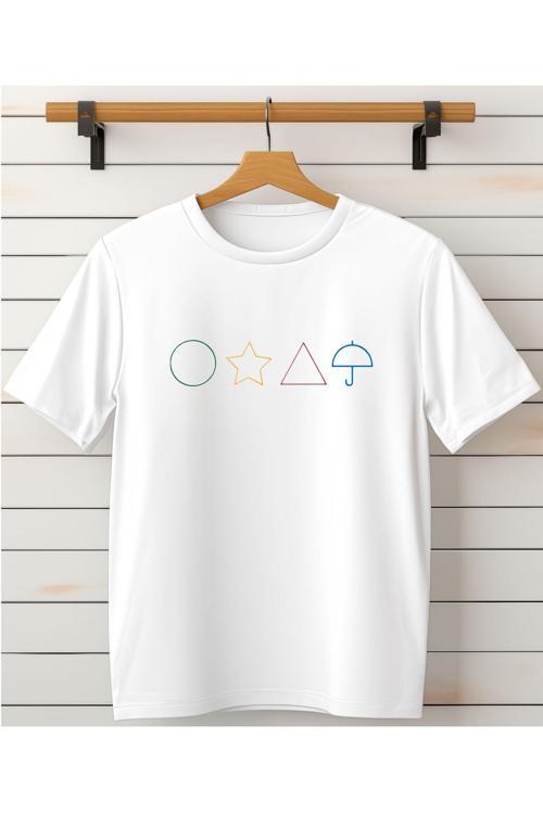 Squid Game Şemsiye Yıldız Daire Baskılı Bisiklet Yaka Beyaz Tişört/T-Shirt- (Tek Adet Fiyatıdır)