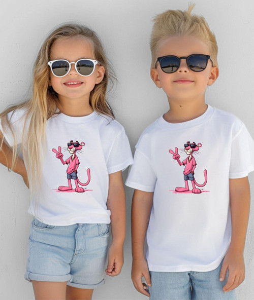 Pembe Panter Baskılı Çocuk T-Shirt(Tekli Üründür Kombin Yapmak Için 2 Adet Sepete Ekleyiniz)
